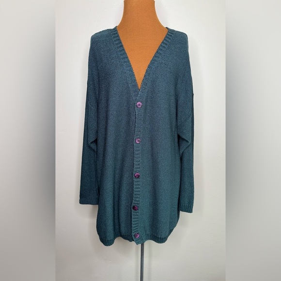 Joan Vass Teal Cardigan V Neck Oversized Purple Buttons Size XL - Picture 1 of 9